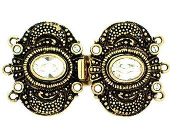 Claspgarten Three-Strand Edwardian Double Clasp with Crystals in Old Palladium or Old Gold, 39x22mm
