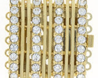 Claspgarten Five-Strand Square Box Clasp with Rows of Crystals in Gold or Rhodium Finish,  21x21mm