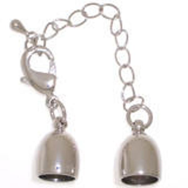 Lobster Clasp Claspgarten Rounded End Cap for Kumihimo or Leather in Rhodium Finish + Chain Extender,  Inside Diameter 8mm