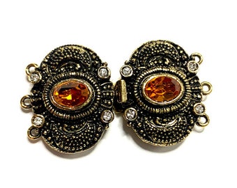 Claspgarten Three-Strand Edwardian Double Clasp with Orange Crystals in Antique Gold Finish, 39x22mm