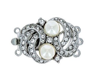 Three-Strand Claspgarten Edwardian Pearl Box Clasp with Crystals in Rhodium or Gold Finish, 15x25mm