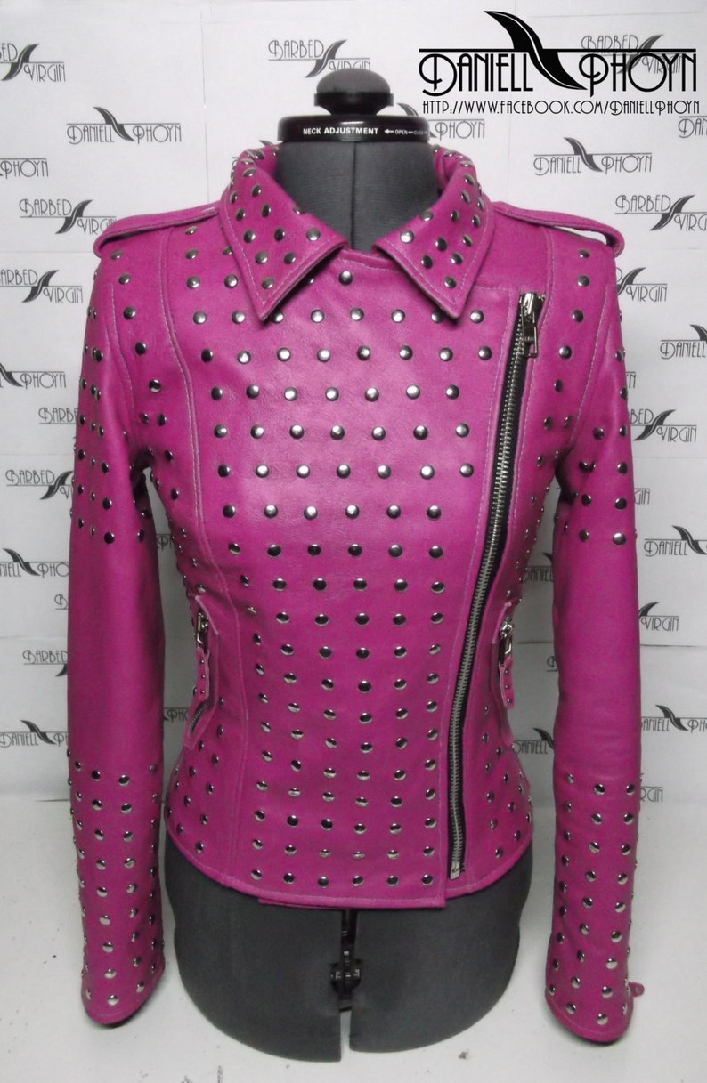 Pink Genuine Leather Jackets with rivets and epaulettes. Etsy