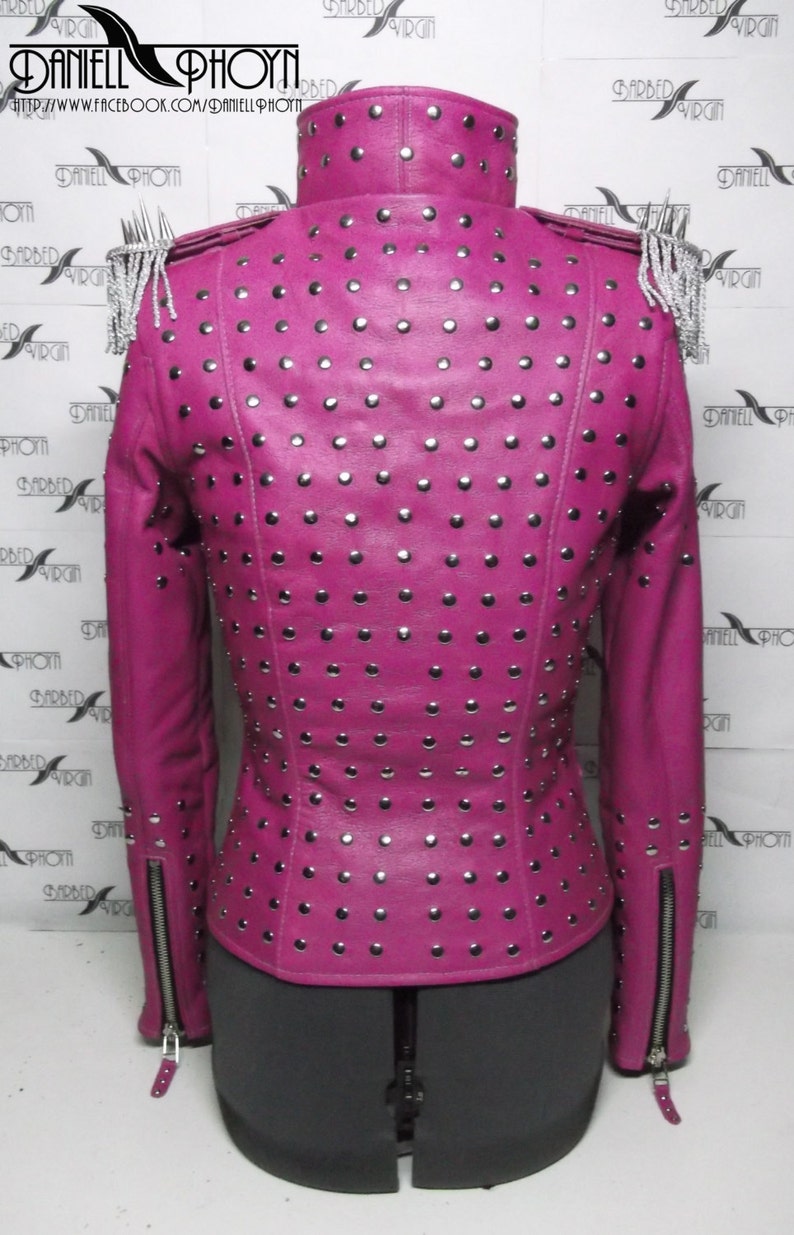 Pink Genuine Leather Jackets with rivets and epaulettes. Etsy