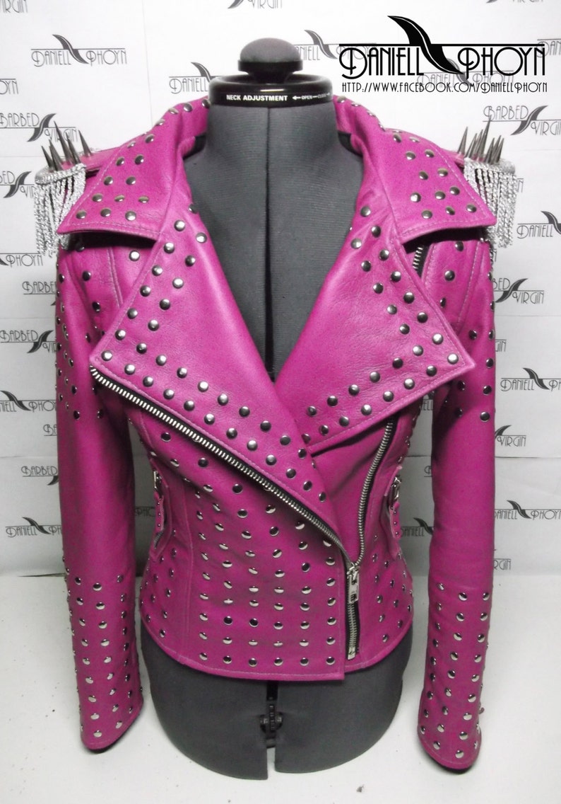 Pink Genuine Leather Jackets with rivets and epaulettes. | Etsy