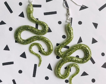 Sparkling Green Snake Earrings, Serpent Earrings, Witchy Earrings, Statement Earrings, Glitter Snakes, Sparkling Snakes, Glitter Serpent