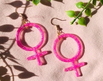 Feminist Earrings for Feminist Symbol for Feminism Jewelry for Feminist Jewelry Woman Symbol Venus Symbol Sparkling Earrings with Glitter