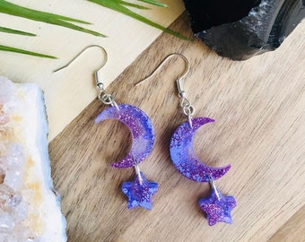Purple Moon Earrings, Celestial Earrings, Statement Earrings, Witchy Earrings, Pastel Earrings, Spring Earrings, Pastel Goth, Moon Jewelry