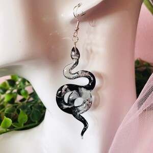 Black and Silver Snake Earrings without Scales, Serpent Earrings, Witchy Earrings, Statement Earrings, Dangle Earrings, Snake Jewelry image 1