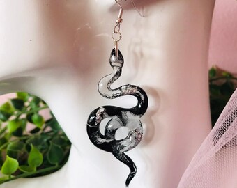 Black and Silver Snake Earrings without Scales, Serpent Earrings, Witchy Earrings, Statement Earrings, Dangle Earrings, Snake Jewelry