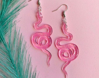 Sparkling Pink Snake Earrings, Serpent Earrings, Witchy Earrings, Statement Earrings, Glitter Snakes, Sparkling Snakes, Glitter Serpent