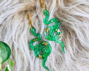 Green and Gold Snake Earrings without Scales, Serpent Earrings, Witchy Earrings, Statement Earrings, Dangle Earrings, Snake Jewelry