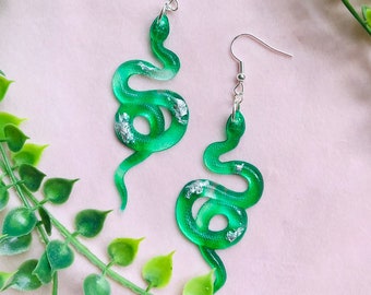 Witchy Green Snake Earrings – Resin Serpent, Gothic Accessories