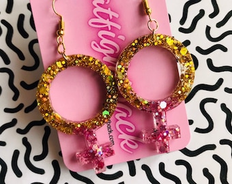Feminist Earrings for Feminist Symbol for Feminism Jewelry for Feminist Jewelry Woman Symbol Venus Symbol Sparkling Earrings with Glitter