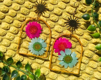 Hars bloemenoorbellen, bloemoorbellen, lenteoorbellen, kleurrijke oorbellen, bloemensieraden, bloemsieraden, gedroogde bloemen, ovale oorbellen