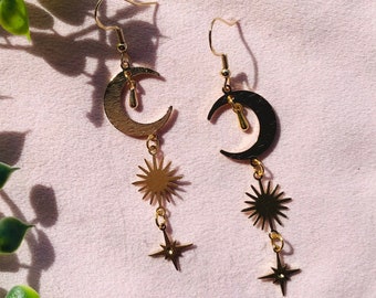 Celestial Earrings, Witchy Earrings, Moon and Stars, Witchy Jewelry, Celestial Dangle Earrings, Cottagecore, Witchcore, Moon Earrings