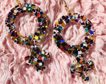 Confetti Glitter Feminist Earrings, Feminist Earrings, Feminism Earrings, Feminist Earrings, Feminist Jewelry, Venus Symbol Earrings