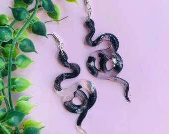 Black and Silver Snake Earrings with Scales, Serpent Earrings, Witchy Earrings, Statement Earrings, Dangle Earrings, Snake Jewelry