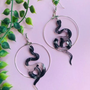 Black and Silver Snake Hoop Earrings with Scales, Serpent Earrings, Witchy Earrings, Statement Earrings, Dangle Earrings, Snake Jewelry