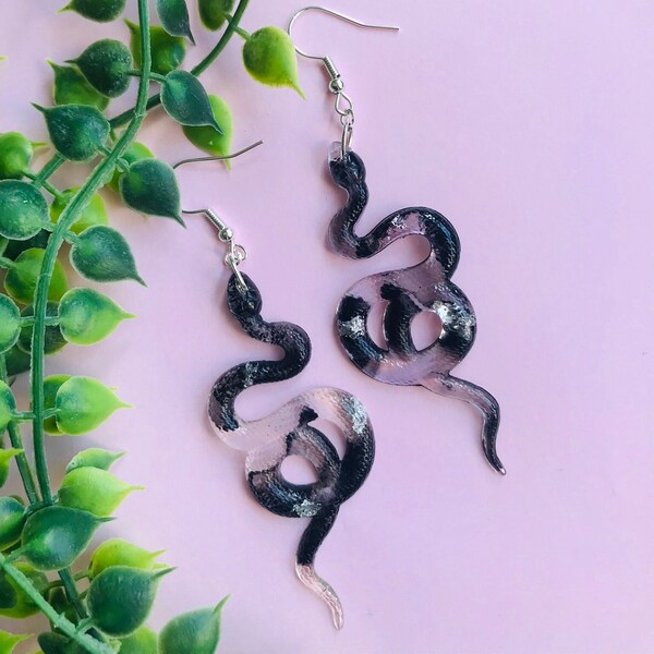 Black and Silver Snake Earrings with Scales, Serpent Earrings, Witchy Earrings, Statement Earrings, Dangle Earrings, Snake Jewelry