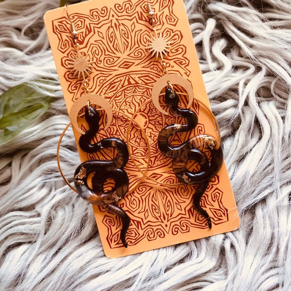 Snake Earrings, Serpent Earrings, Witchy Earrings, Statement Earrings, Dangle Earrings, Snake Jewelry, Sun and Moon, Celestial Earrings