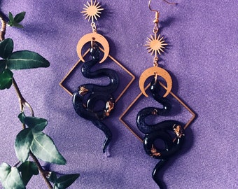 Black and Gold Snake Earrings, Serpent Earrings, Witchy Earrings, Statement Earrings, Snake Jewelry, Celestial Earrings, Celestial Earrings