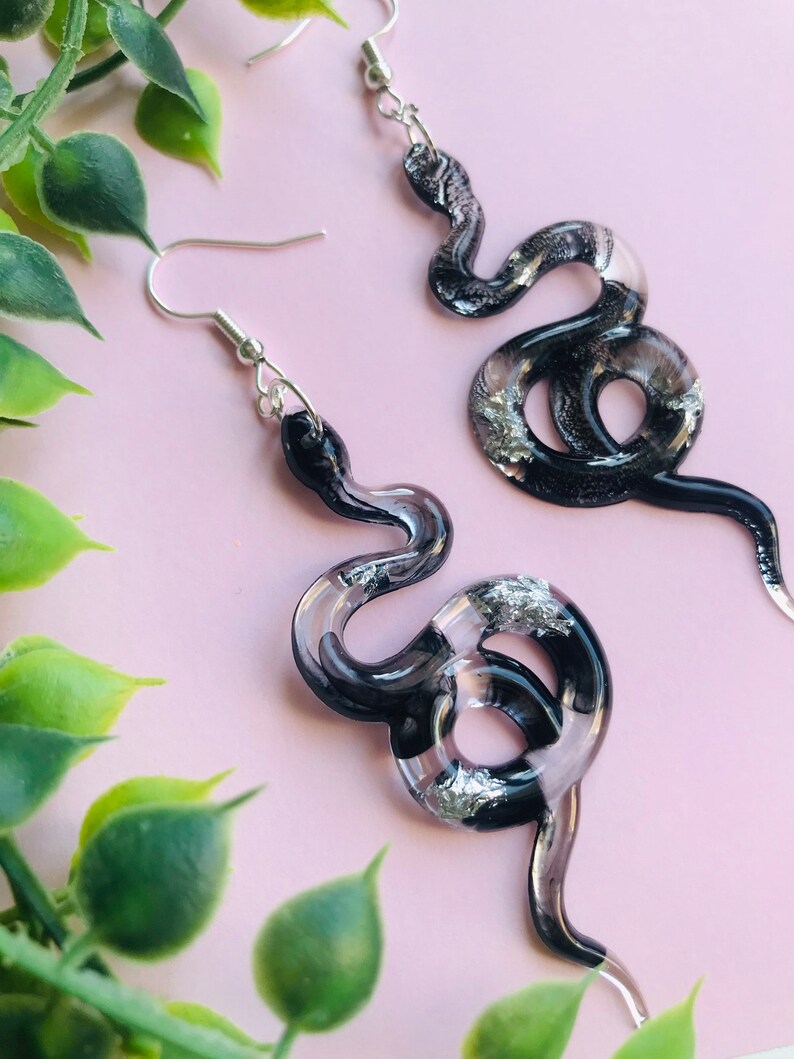 Black and Silver Snake Earrings without Scales, Serpent Earrings, Witchy Earrings, Statement Earrings, Dangle Earrings, Snake Jewelry image 3