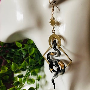 Black and Gold Snake Earrings, Serpent Earrings, Witchy Earrings, Statement Earrings, Snake Jewelry, Celestial Earrings, Celestial Earrings image 7