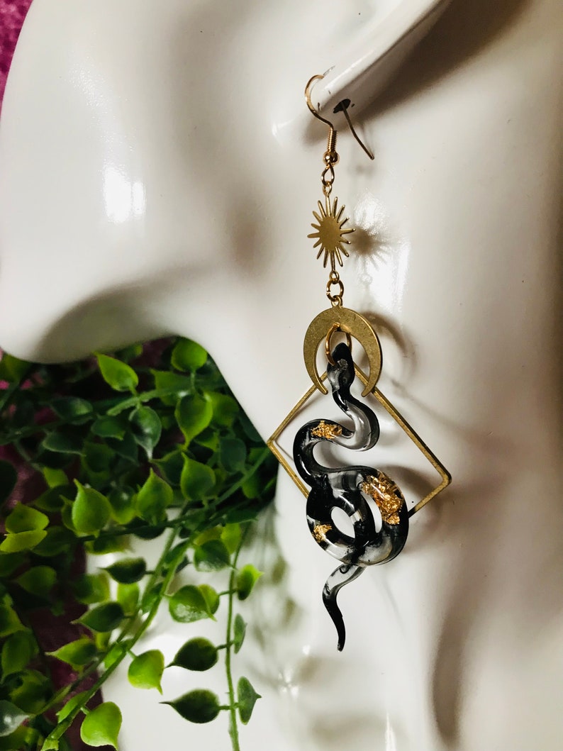 Black and Gold Snake Earrings, Serpent Earrings, Witchy Earrings, Statement Earrings, Snake Jewelry, Celestial Earrings, Celestial Earrings image 7