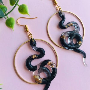 Black and Gold Snake Earrings with Scales, Serpent Earrings, Witchy Earrings, Statement Earrings, Dangle Earrings, Snake Jewelry image 2