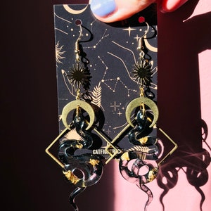 Black and Gold Snake Earrings, Serpent Earrings, Witchy Earrings, Statement Earrings, Snake Jewelry, Celestial Earrings, Celestial Earrings image 4