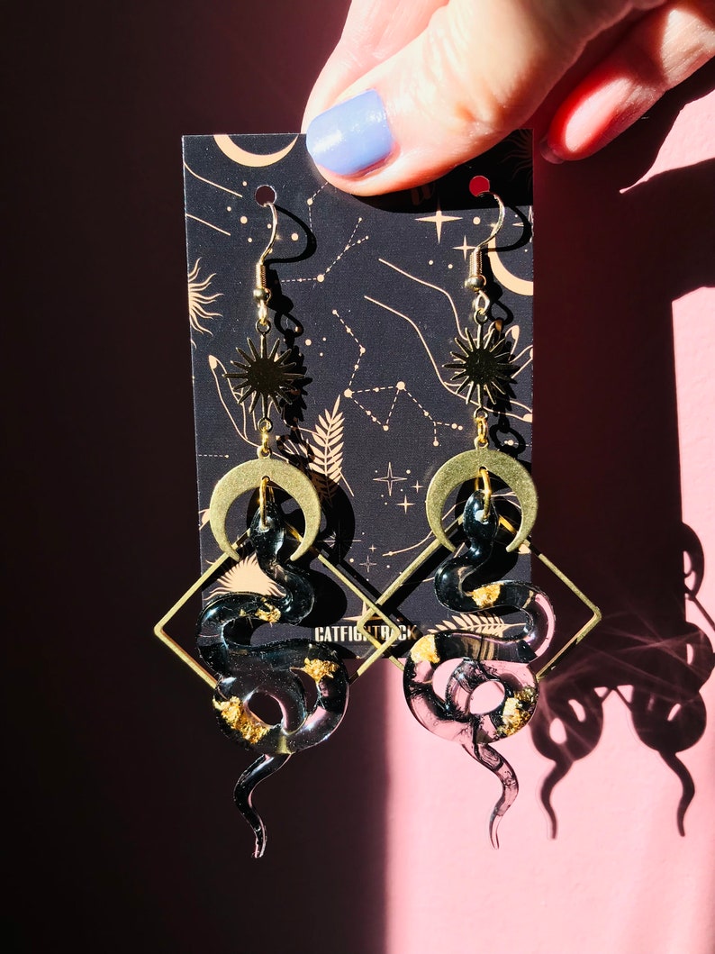 Black and Gold Snake Earrings, Serpent Earrings, Witchy Earrings, Statement Earrings, Snake Jewelry, Celestial Earrings, Celestial Earrings image 4