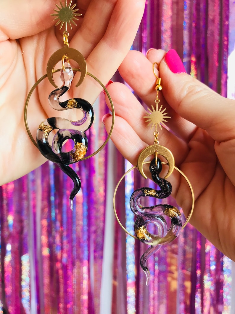 Snake Earrings, Serpent Earrings, Witchy Earrings, Statement Earrings, Dangle Earrings, Snake Jewelry, Sun and Moon, Celestial Earrings image 7