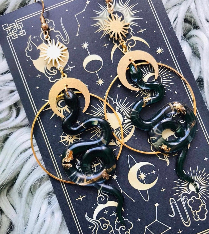 Snake Earrings, Serpent Earrings, Witchy Earrings, Statement Earrings, Dangle Earrings, Snake Jewelry, Sun and Moon, Celestial Earrings image 5