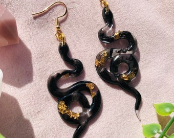 Black and Gold Snake Earrings without Scales, Serpent Earrings, Witchy Earrings, Statement Earrings, Dangle Earrings, Snake Jewelry