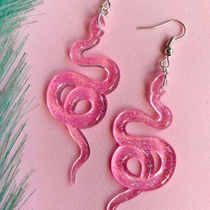 Sparkling Pink Snake Earrings, Serpent Earrings, Witchy Earrings, Statement Earrings, Glitter Snakes, Sparkling Snakes, Glitter Serpent image 2