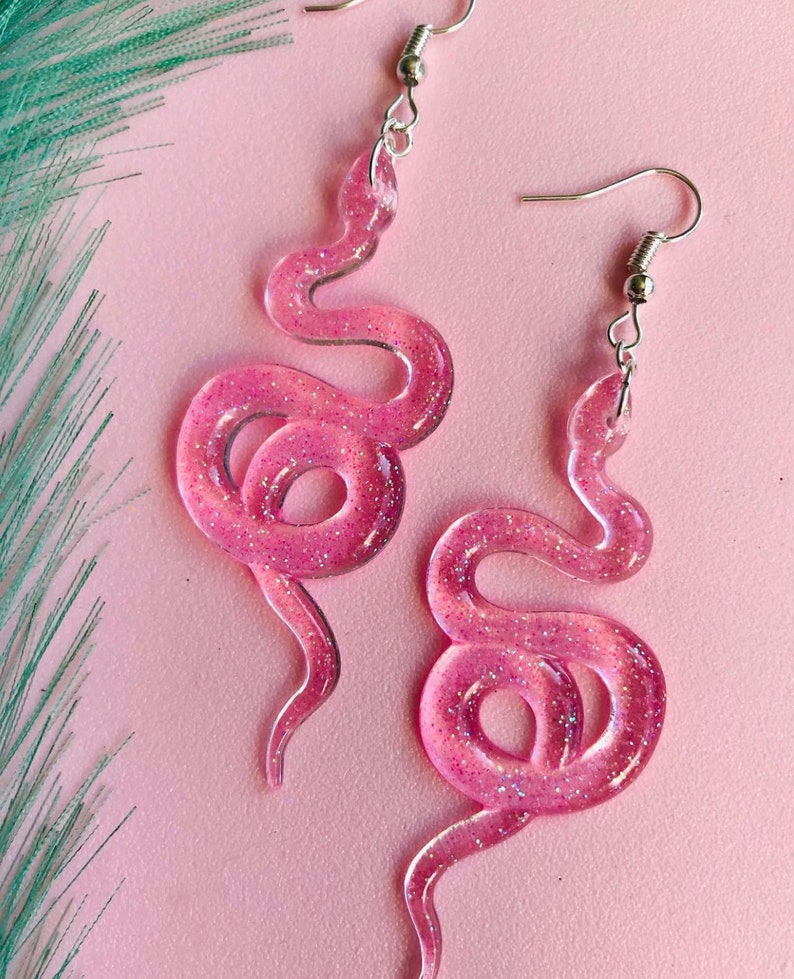 Sparkling Pink Snake Earrings, Serpent Earrings, Witchy Earrings, Statement Earrings, Glitter Snakes, Sparkling Snakes, Glitter Serpent image 2