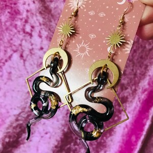 Black and Gold Snake Earrings, Serpent Earrings, Witchy Earrings, Statement Earrings, Snake Jewelry, Celestial Earrings, Celestial Earrings image 9