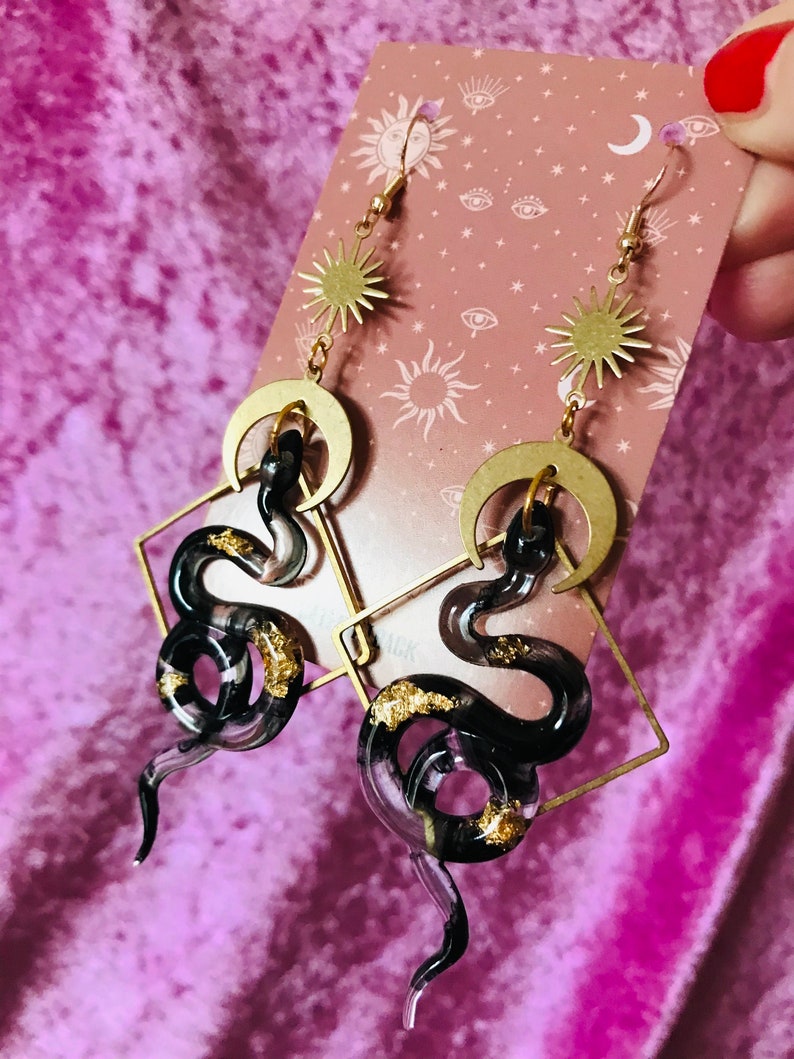 Black and Gold Snake Earrings, Serpent Earrings, Witchy Earrings, Statement Earrings, Snake Jewelry, Celestial Earrings, Celestial Earrings image 9