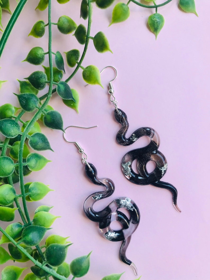 Black and Silver Snake Earrings without Scales, Serpent Earrings, Witchy Earrings, Statement Earrings, Dangle Earrings, Snake Jewelry image 2