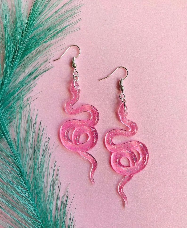 Sparkling Pink Snake Earrings, Serpent Earrings, Witchy Earrings, Statement Earrings, Glitter Snakes, Sparkling Snakes, Glitter Serpent image 1