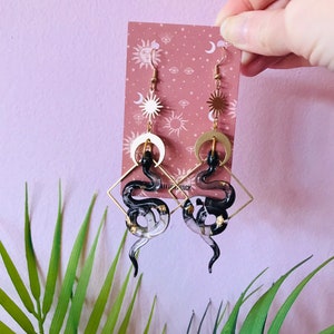 Black and Gold Snake Earrings, Serpent Earrings, Witchy Earrings, Statement Earrings, Snake Jewelry, Celestial Earrings, Celestial Earrings image 10