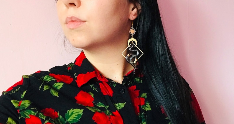 Black and Gold Snake Earrings, Serpent Earrings, Witchy Earrings, Statement Earrings, Snake Jewelry, Celestial Earrings, Celestial Earrings image 3