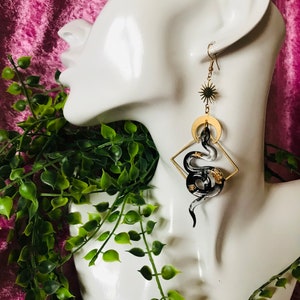 Black and Gold Snake Earrings, Serpent Earrings, Witchy Earrings, Statement Earrings, Snake Jewelry, Celestial Earrings, Celestial Earrings image 6