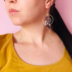 Black and Gold Snake Earrings with Scales, Serpent Earrings, Witchy Earrings, Statement Earrings, Dangle Earrings, Snake Jewelry image 3