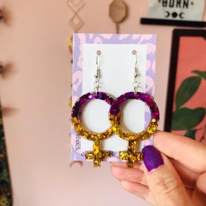 Handcrafted Sparkling Feminist Symbol Earrings – Statement Earrings, Venus Symbol Earrings