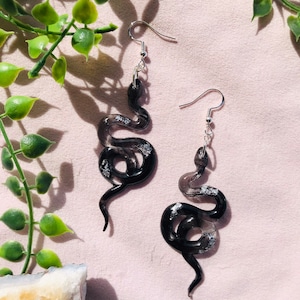 Black and Silver Snake Earrings without Scales, Serpent Earrings, Witchy Earrings, Statement Earrings, Dangle Earrings, Snake Jewelry image 8