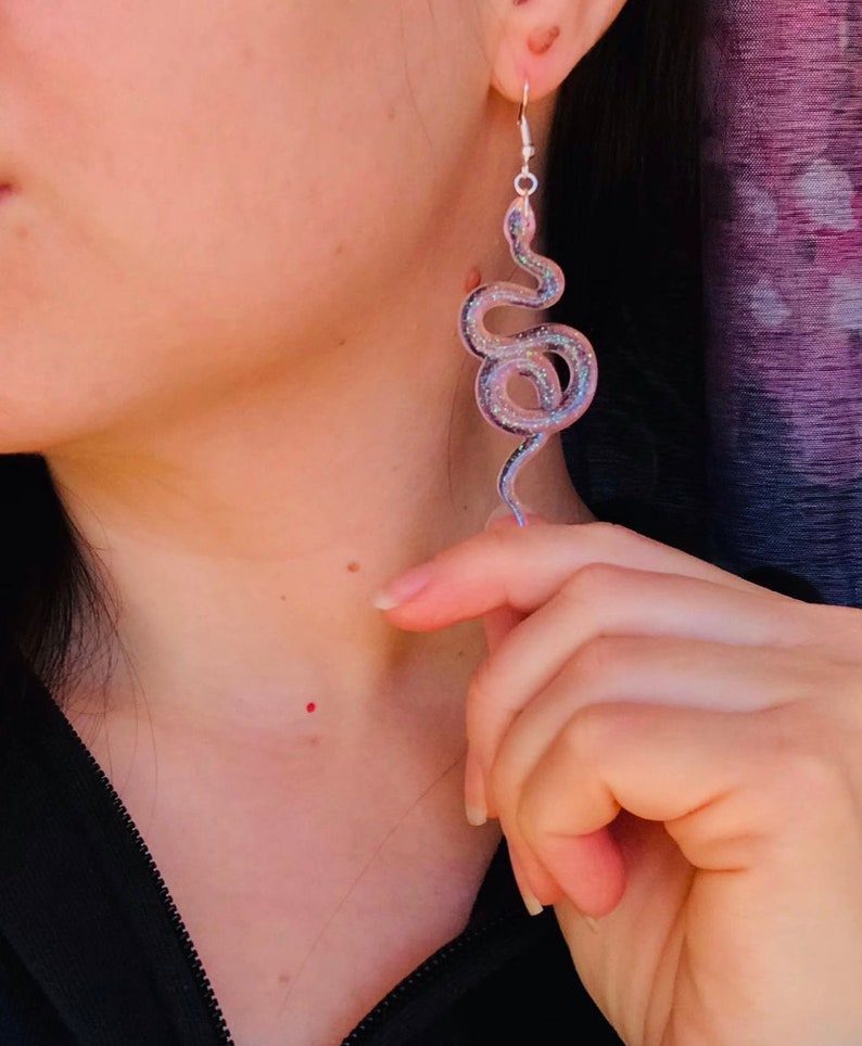 Sparkling Pink Snake Earrings, Serpent Earrings, Witchy Earrings, Statement Earrings, Glitter Snakes, Sparkling Snakes, Glitter Serpent image 3