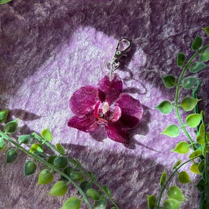 May include: A deep magenta orchid flower keyring featuring a translucent resin finish and a silver-toned metal lobster clasp. The orchid petals display natural veining and a dark, rich colour palette, attached to a circular jump ring and a metal clip.