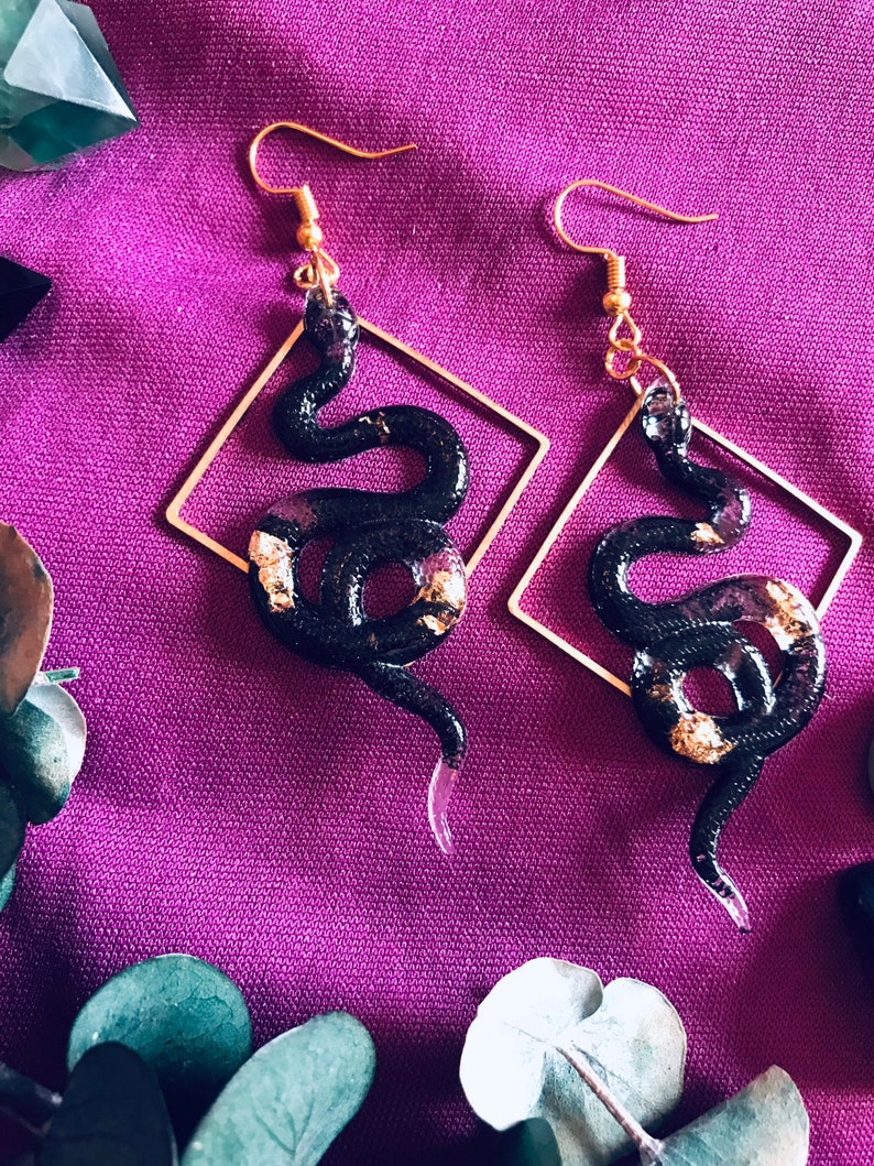 Snake Earrings, Geometric Earrings, Witchy Earrings, Serpent Earrings, Black Snake Earrings, Dangle Earrings, Statement Earrings image 4