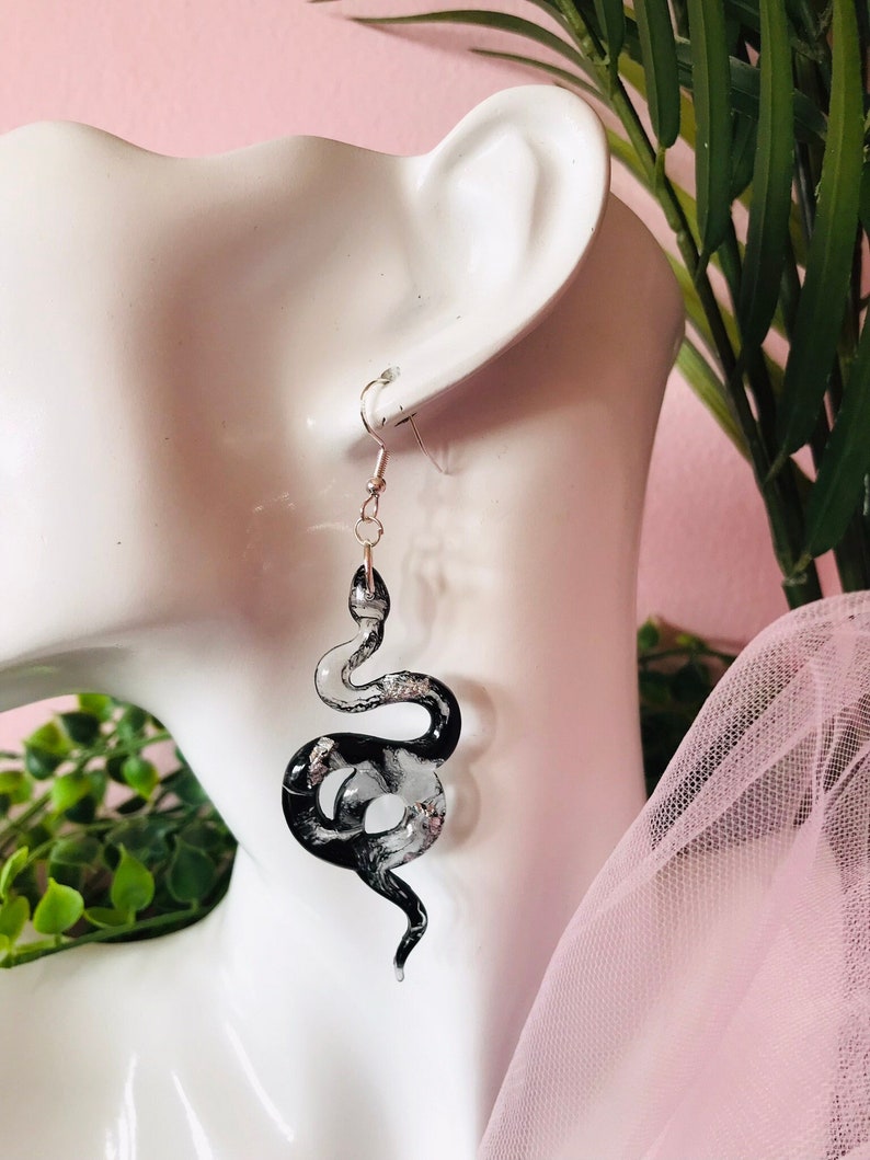 Black and Silver Snake Earrings without Scales, Serpent Earrings, Witchy Earrings, Statement Earrings, Dangle Earrings, Snake Jewelry image 1